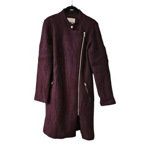 BB Dakota Womens XS Wool Blend Coat Burgundy Zip Closure Zip Pockets Band Collar